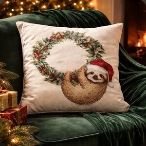 Holiday Sloth Wreath Pillow